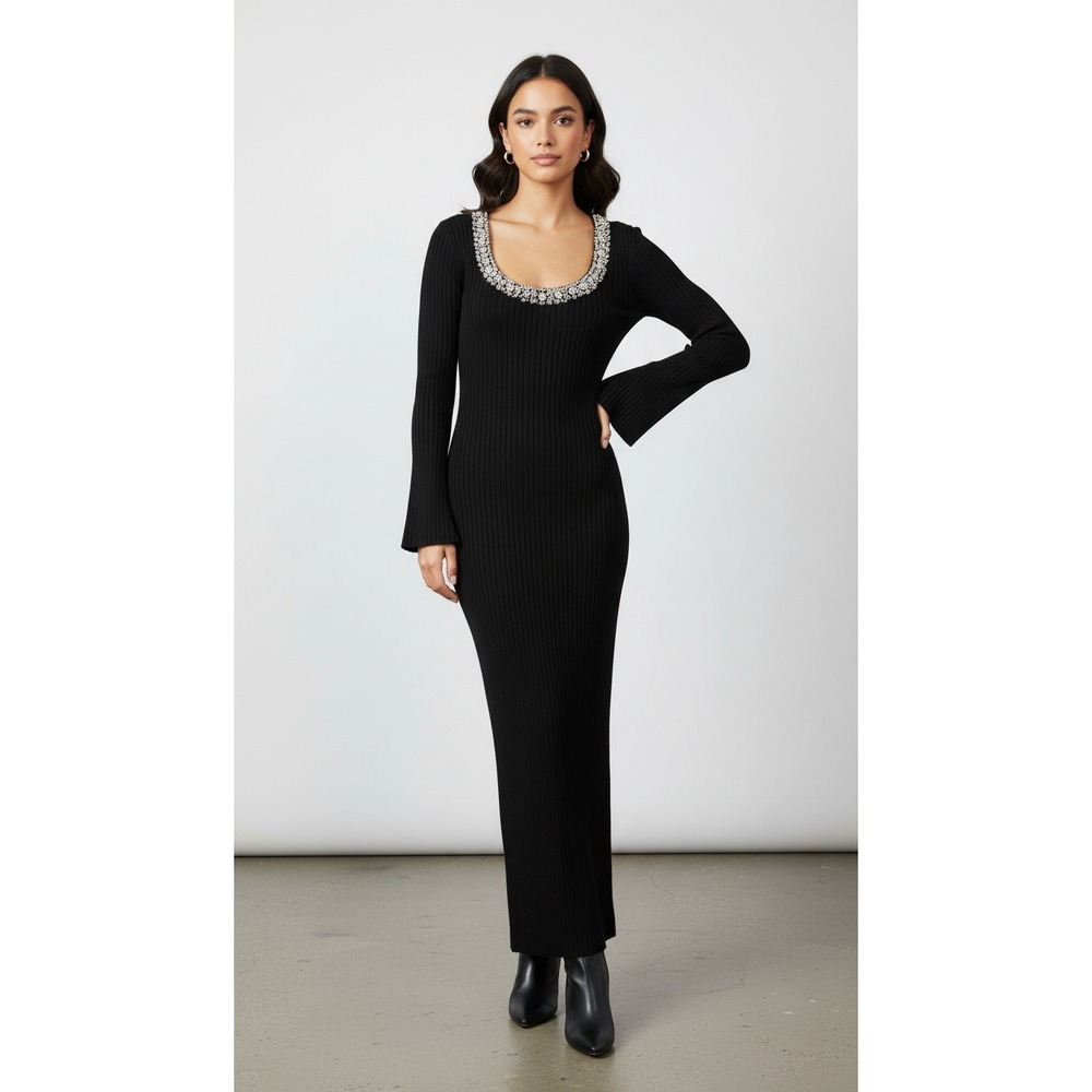 Wayf Women Slim Fit Ribbed Crystal Embellished Scoop Neck Dress Long Sleeve Sma